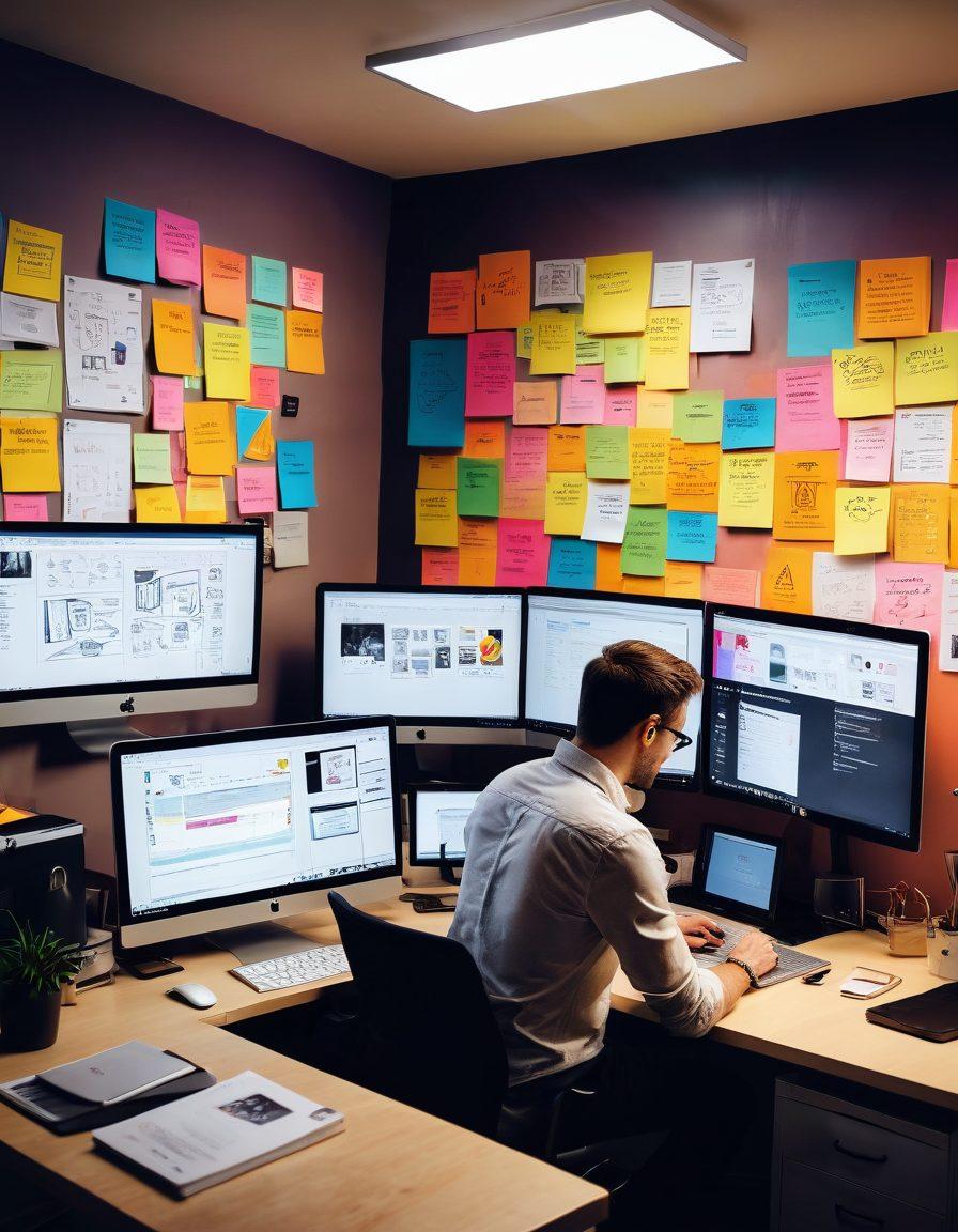 A dynamic scene depicting a web developer at work in a modern office, surrounded by multiple screens showcasing user-friendly website designs and e-commerce interfaces. Include elements like sticky notes with UX design sketches and a coffee cup for a cozy atmosphere. Integrate visual representations of happy users interacting with the websites on both desktop and mobile devices. The overall mood should convey innovation and user-centric design. super-realistic. vibrant colors. 3D.