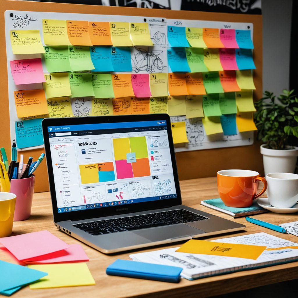 A visually striking workspace that blends elements of digital design and marketing strategy, featuring a stylish laptop opened to a digital marketing dashboard, colorful post-it notes with keywords, a sketch of a website layout on a notepad, and a person brainstorming ideas with a cup of coffee. The background should be bright and inviting, symbolizing creativity and innovation in the digital world. vibrant colors. super-realistic.