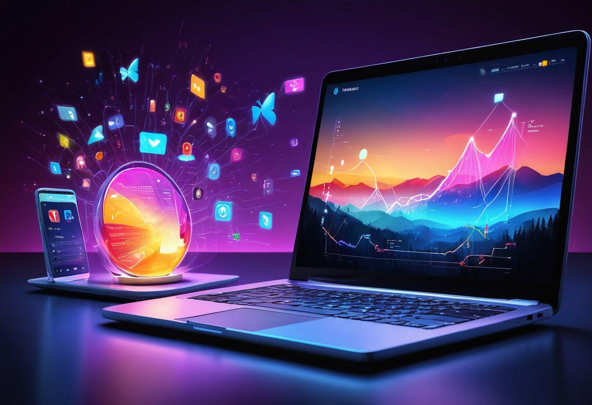 A dynamic digital landscape showcasing a glowing laptop at the center, surrounded by vibrant graphs and social media icons. Include elements like a magnifying glass representing SEO, a smartphone displaying a marketing campaign, and a abstract representation of a website transforming into a digital butterfly. Reflect a sense of growth and innovation in web solutions and digital marketing. super-realistic. vibrant colors. futuristic style.